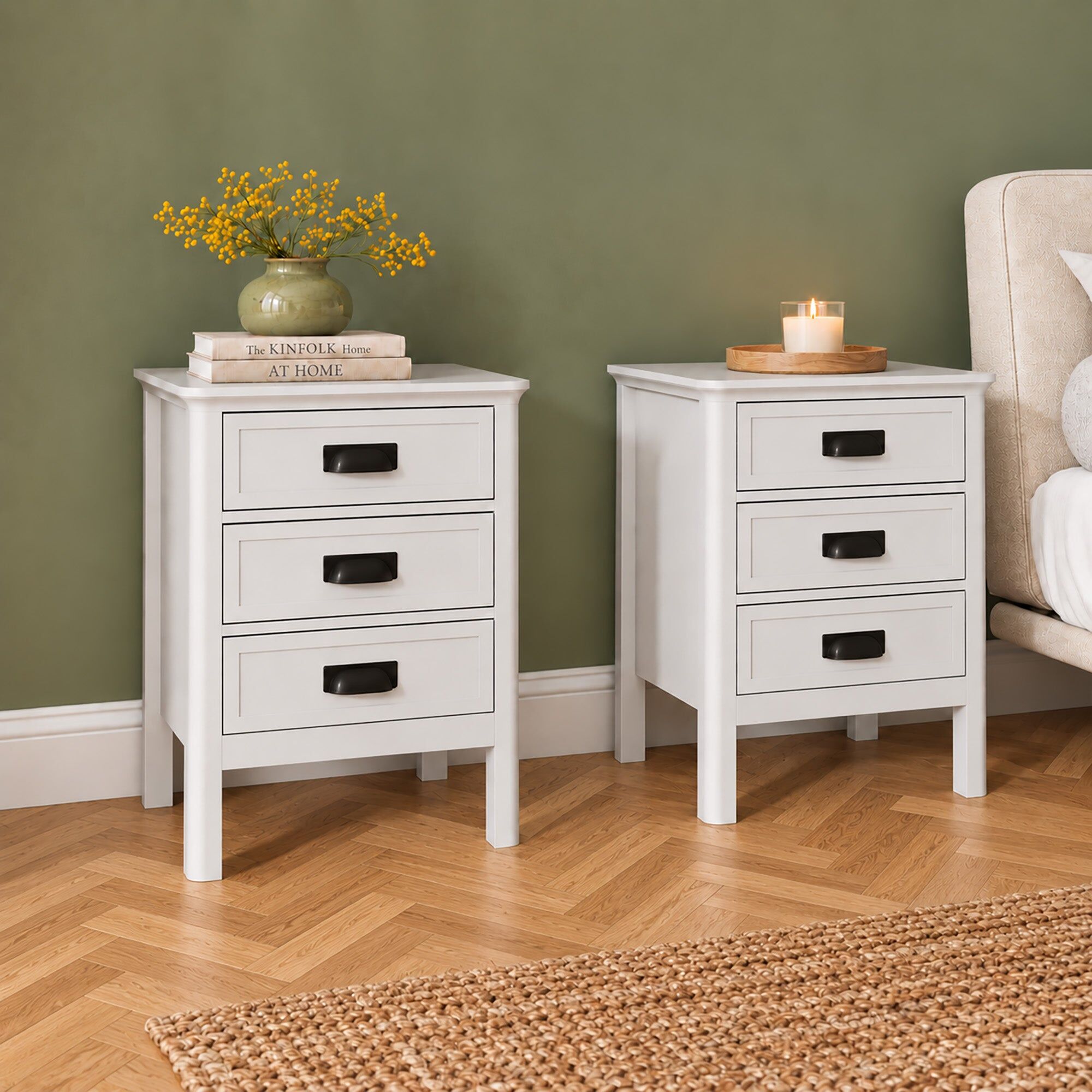 Pair of 3 Drawer Bedside Tables - Lawrence White Ivory Range Wood, Metal