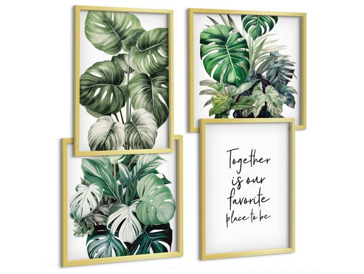 Tulup Bilder SET 4er Set - 50x50 cm & 40x60 cm Goldrahmen - Dekoration aus grünen tropischen Blättern, Goldfarben, Kunststoff, Rechteckig, 50x50 cm, Fotografie, Bilder & Rahmen, Bilder