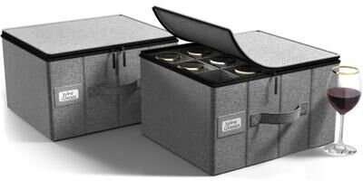 Sorbus Stemware Storage Cases Hard Shell, Wine Glass Storage Box Set of 2 with Dividers and Handle - Holds 12 Crystal Glassware