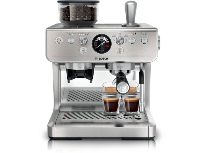 BOSCH Espressomaschine halbautomatische Siebträgermaschine PFE401C3 HomeCafé Serie 4, Integriertes Mahlwerk, 58mm-Siebträger, 30 Mahlgrade, 5 Direktwahl