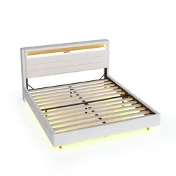 OKWISH Polsterbett 160x200 cm mit LED-Leuchten, USB-Anschluss, Leinenstoff, versteckte Füße, stabiler Metallrahmen, Stauraum, modernes Doppelbett Beige