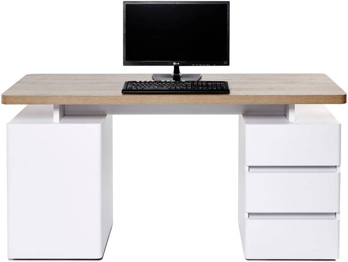 Schreibtisch JAHNKE CU-LIBRE C 250 , braun (riviera eiche, matt weiß, weiß, riviera eiche), B:150cm H:75,5cm T:55cm, Tische, Schreibtisch, wechselseitig montierbar