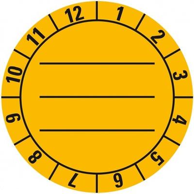 Aufkleber I Prüfplakette mit Monatskranz, zum Beschriften, gelb, Dokumentenfolie, Ø40mm, 10/Bogen
