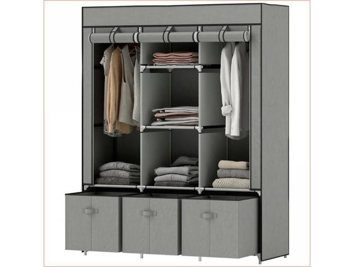 Armoire à vêtements - Rangement polyvalent tiges/tiroirs + fermeture Éclair – Gris Clair