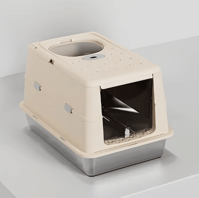 Inspire Picks Stainless Steel Covered Cat Litter Box With Non Slip Mat s khaki