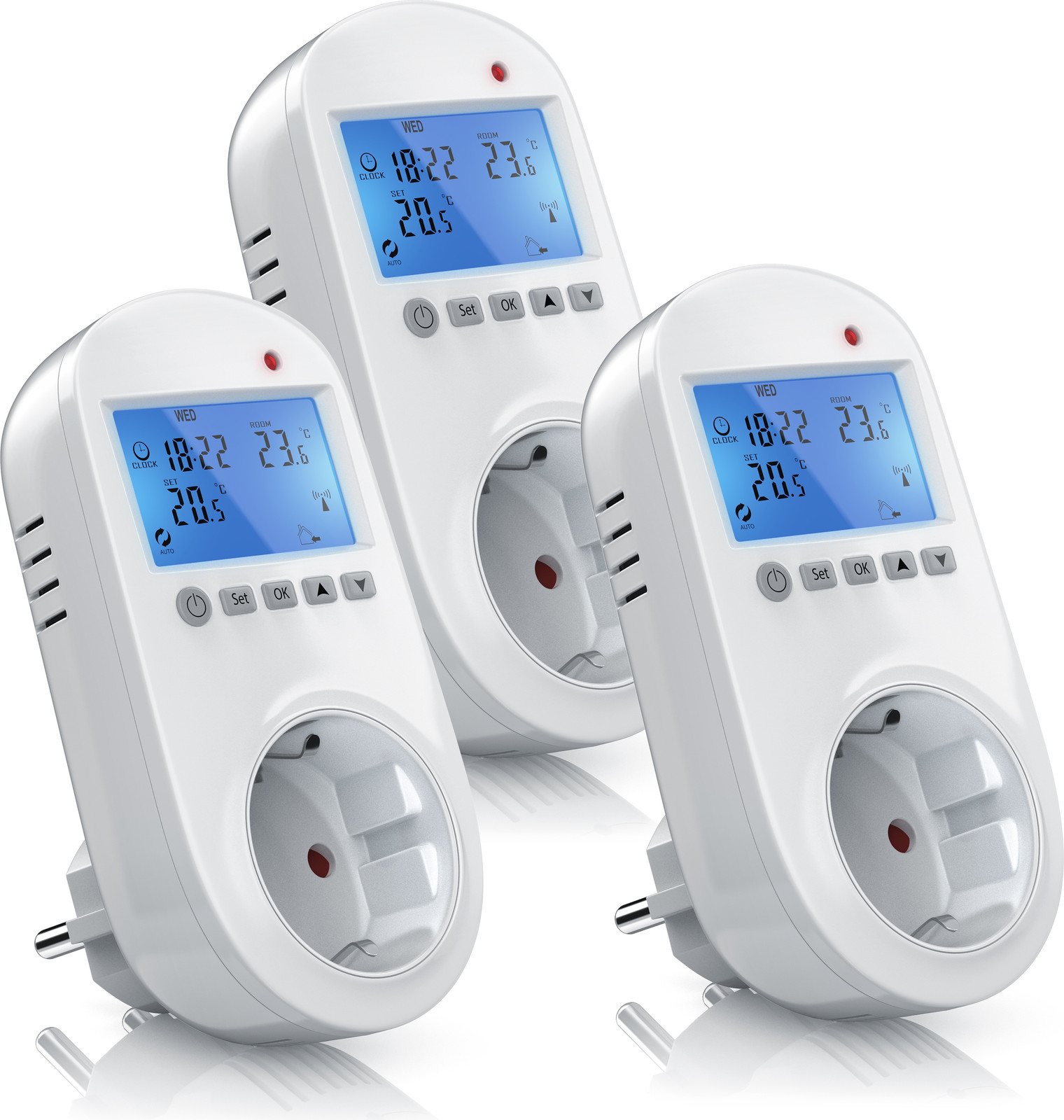 BEARWARE 3-voudige stekkerthermostaat voor verwarmings- en airconditioningsapparaten met LCD-display en individuele programmering