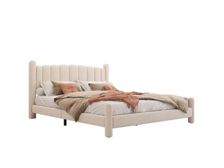 Modfu Polsterbett aus Samt 160x200 cm Beige mit Lattenrost, Wellen-Kopfteil und zylindrischen Beinen, 160x200 cm, Schlafzimmer, Betten, Polsterbetten
