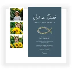 Dankeskarte Kommunion: Greenery Ichtys mit Fotos in Blau