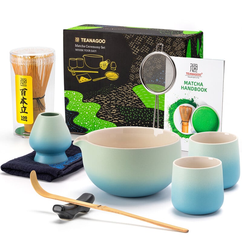TEANAGOO 9-delige Matcha Set met Keramische Kom en Matcha Klopper voor Ceremonie en Latte-bereiding
