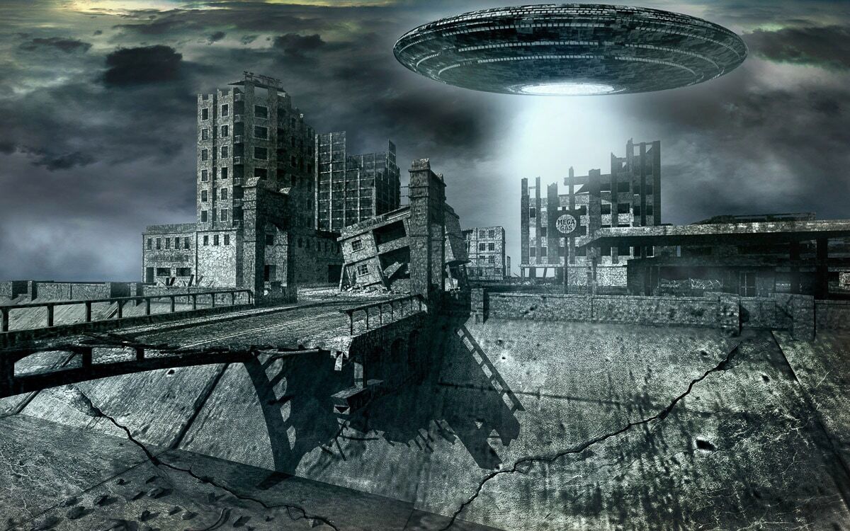 Fototapete PAPERMOON "Alien-Invasion", bunt, B:3,5m L:2,6m, Vlies, Tapeten, Fototapete bunt B/L: 3,5m x 2,6m, Bahnen: 7 Stk.