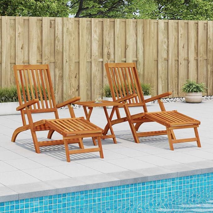 Sonnenliege Gartenliege aus massivem Akazienholz, klappbar mit 5 Neigungsstufen und integrierter Fußstütze, 2er Set für Terrasse Pool Outdoor Relax