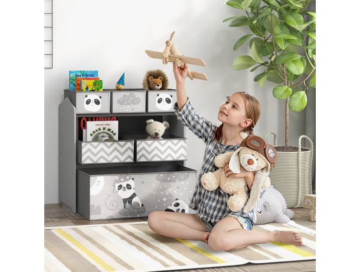 ZONEKIZ Étagère Enfant 6 Bacs Amovibles Tissu Gris 63x30x66cm