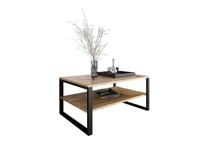 Design Möbel Couchtisch Rechteckig Wohnzimmertisch Kaffeetisch Sofatisch Tischplatte Tisch mit unterer Ablage Beine aus Metall Industrieller Stil Basic (GOLDENE Eiche)
