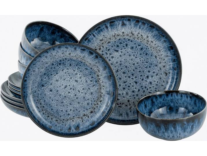 creaTable Teller-Set Allround Magic Blue, Tellerset, 12-tlg. (12-tlg), 4 Personen, Steinzeug, Moderne Coupeform, Reaktivglasur