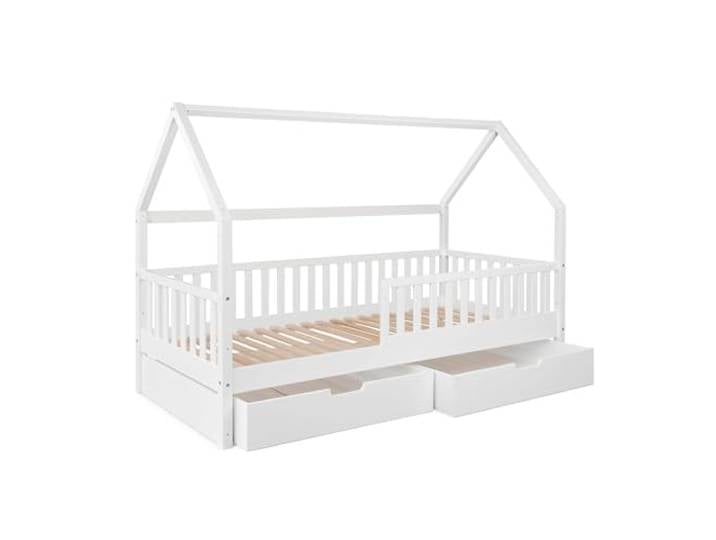 Ehrenkind® Hausbett Buche Livo FSC Zertifiziert Kinderbett mit Rausfallschutz höhenverstellbar Massivholz Kinder Bett Hausbett 200x90 weiß mit Doppelschublade