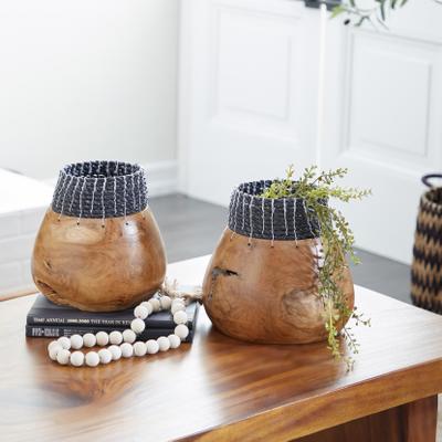 ARCILLA ELEMENTAL Brown Wood Handmade Vase with Black or White Seagrass Accents (Set of 2)
