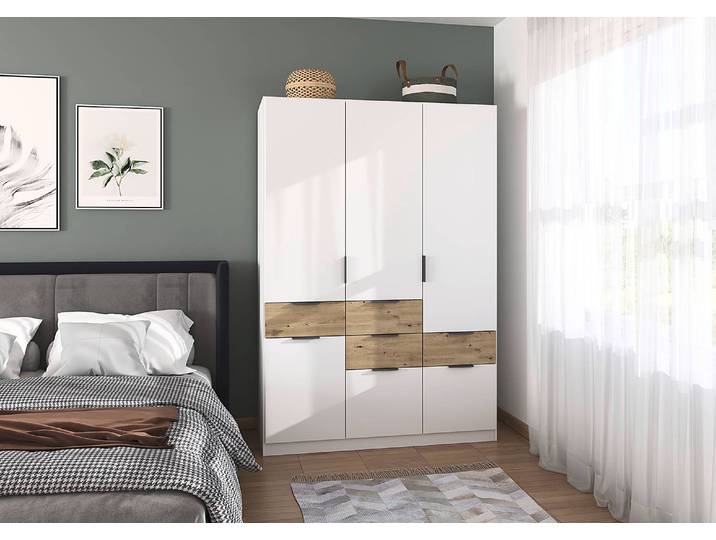 Drehtürenschrank Luca 136cm Weiß/Alpinweiß/Eiche Artisan Dekor