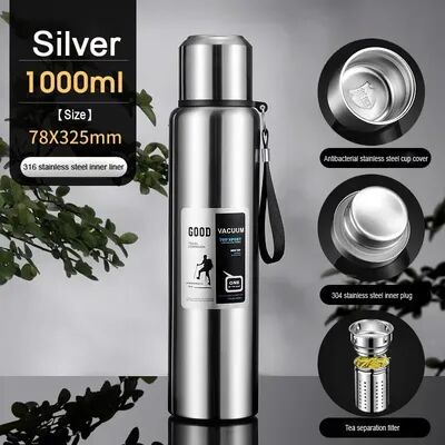 Multicon Wholesale Hub Stainless Steel Insulated Travel Mug, Large Capacity Cold Thermal Thermos, Tea Coffee Water Bottle, Insulation Flask Pot sliver 1000ml