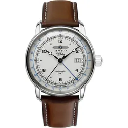 Zeppelin Herrenuhr 86661 - Silbernes Ziffernblatt mit schwarzen Zahlen/Indices,cognac,weiße Naht - 42mm
