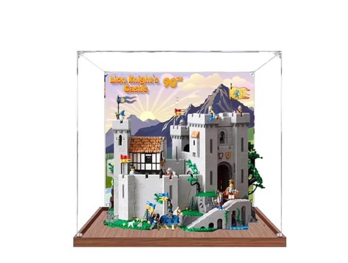 Acryl-Vitrine für Lego 10305 Löwenritterschloss-Modell, 3 mm staubdichte Schaukasten, Vitrine kompatibel mit Lego 10305 (Modell nicht im Lieferumfang enthalten) (Hintergrund B Holzsockel)