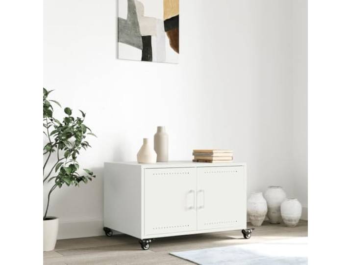 KTHLBRH Couchtisch weiß 68 x 50 x 43,5 cm Stahl 2 Türen, 2 Griffe aus Metall, 4 Rollen, leicht zu bewegen, Montage erforderlich