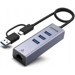 Unitek HUB USB Hub USB C 4w1 Ethernet 3 x USB A 5 Gbps z adapterem USB A (USB-C, 4 Ports), Dockingstation + USB Hub, Grau