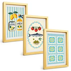 BILDER SET 3er Set - 20x30 cm Goldrahmen - Illustrationen von Küchen im mediterranen Stil