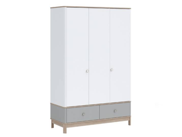Möbel-Zeit Kleiderschrank BONO GREY 3-türig mit Soft-Close – Kinderzimmerschrank Weiß-Grau-Natur