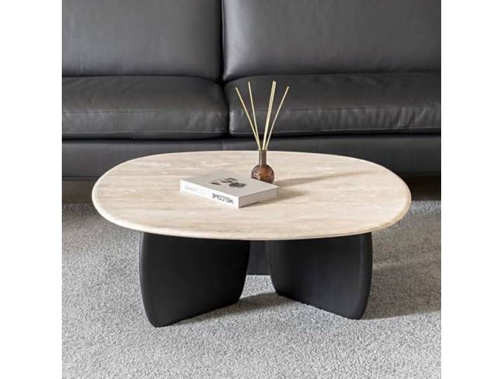Moderner Couchtisch aus Naturstein, runder Holztisch für das Wohnzimmer Natursteinplatte, Massivholzbeine, modern‑minimalistischer Stil, Lösung für kleine Räume(A,27.6x27.6x13.8)