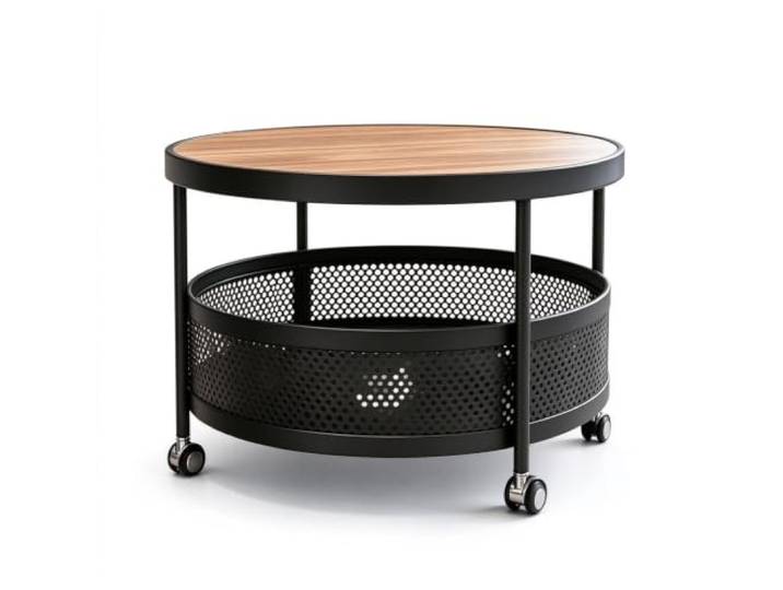 Runder rollbarer Couchtisch, 2-stufiger Stauraum for das Wohnzimmer 2-stufiger runder Couchtisch mit Rollen, perforiertes Mesh-Aufbewahrungsregal for die Heim-Wohnzimmer-Dekoration