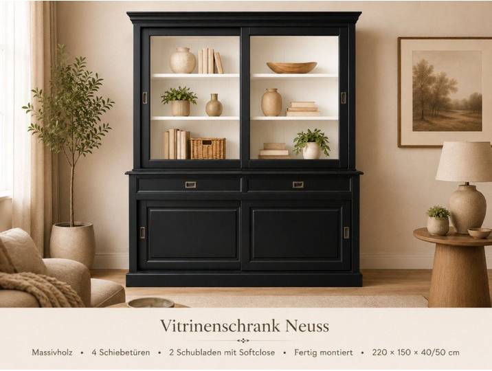 Wohnpalast Buffet Landhaus Vitrinenschrank Neuss 150 cm Schwarz -Weiß Buffetschrank