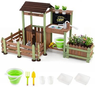 Costway Fir Wood Mud Farm Playset with Planter Box Lockable Yard and Faucet for 3+ Kids