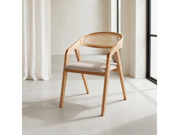 Chaise de salle à manger avec dossier en cannage et tissu beige - Seren