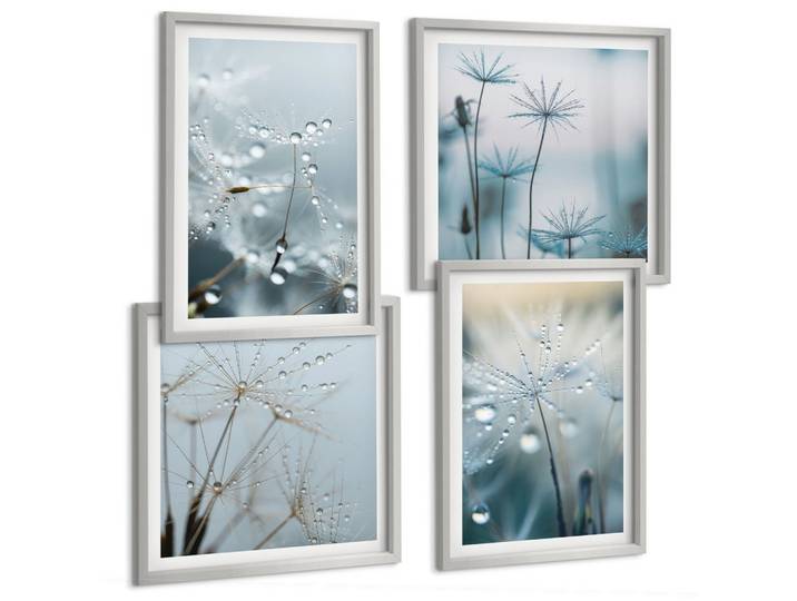 BILDER SET 4er Set - 50x50 cm & 40x60 cm Silberner Rahmen - Tautropfen auf Löwenzahn
