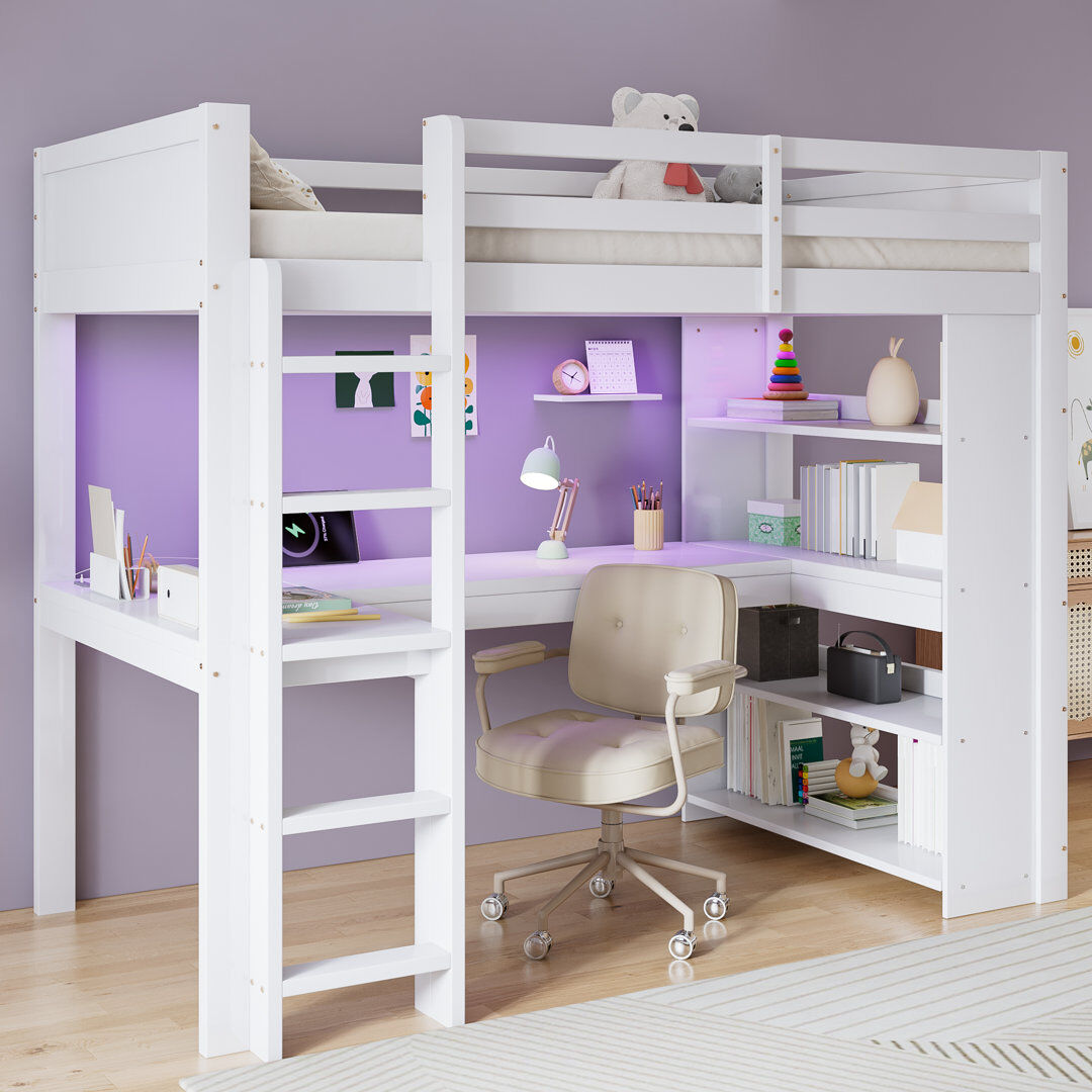 Brayden Studio Single (3') High Sleepers with desk and shelves white White