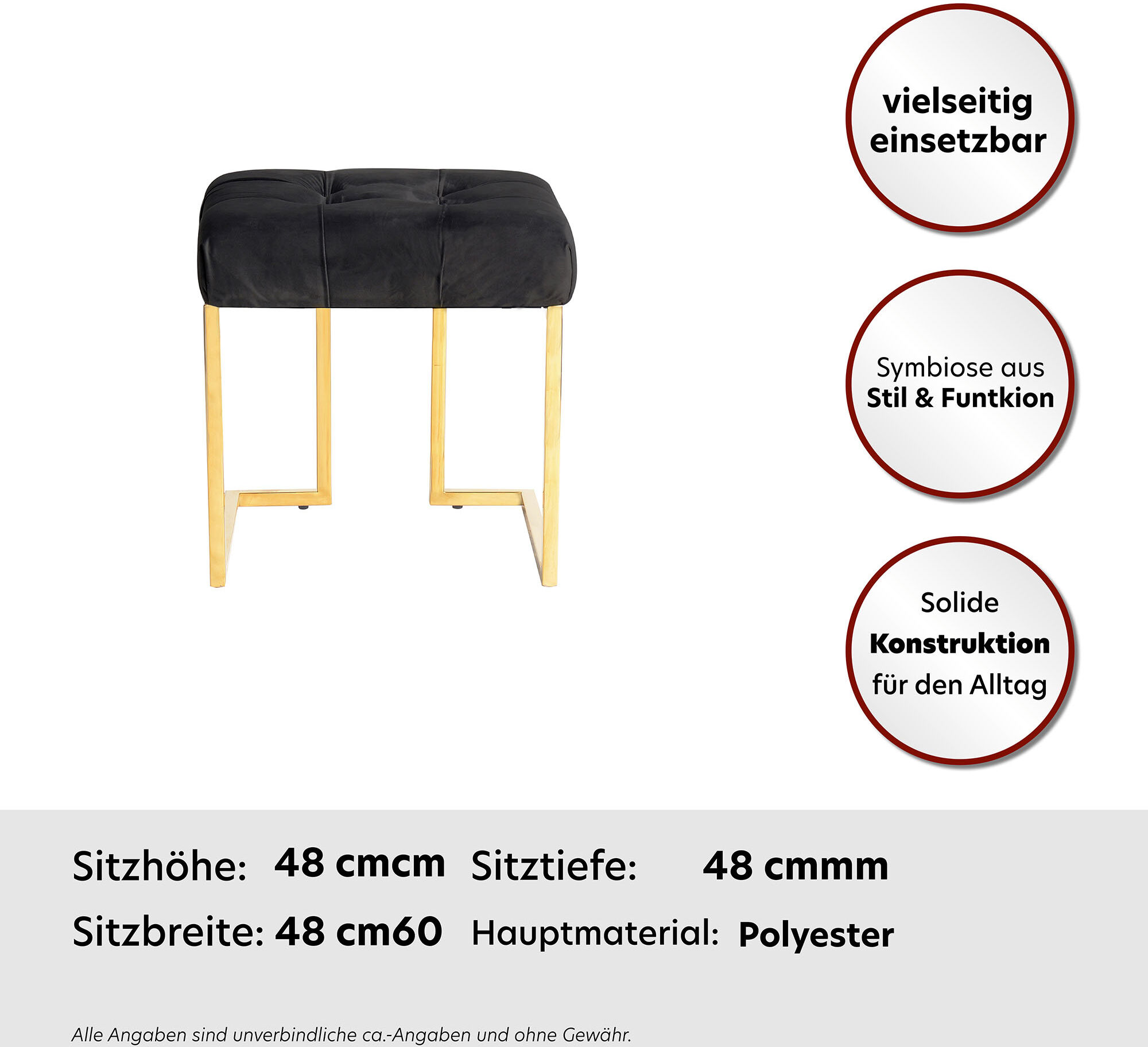 Polsterhocker KAYOOM "Hocker Rarity 125, Edler Touch durch goldenes Gestell", schwarz, B:48cm H:48cm T:48cm, Bezug: 100% Polyester (Samt) Gestell: Edelstahl, Hocker, Polsterhocker, eckig, samtweich, gesteppt, mit Zierknöpfen, Edelstahlgestell schwarz B/H/