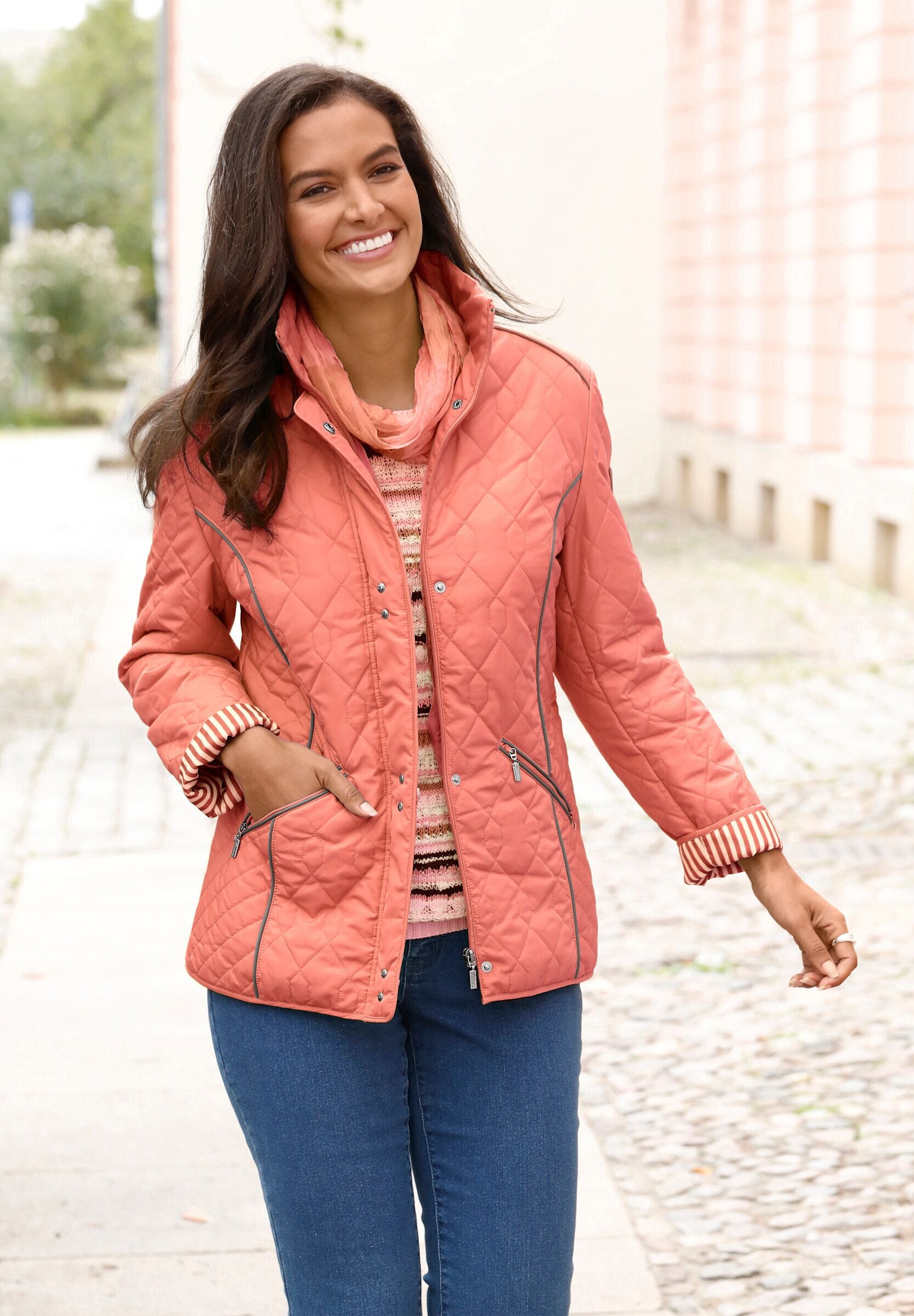 Steppjacke WITT "Steppjacke Steppjacke mit Kontrast-Details", Damen, Gr. 54, grapefruit, Web, Stoff, , Sportlich, Jacken Steppjacke