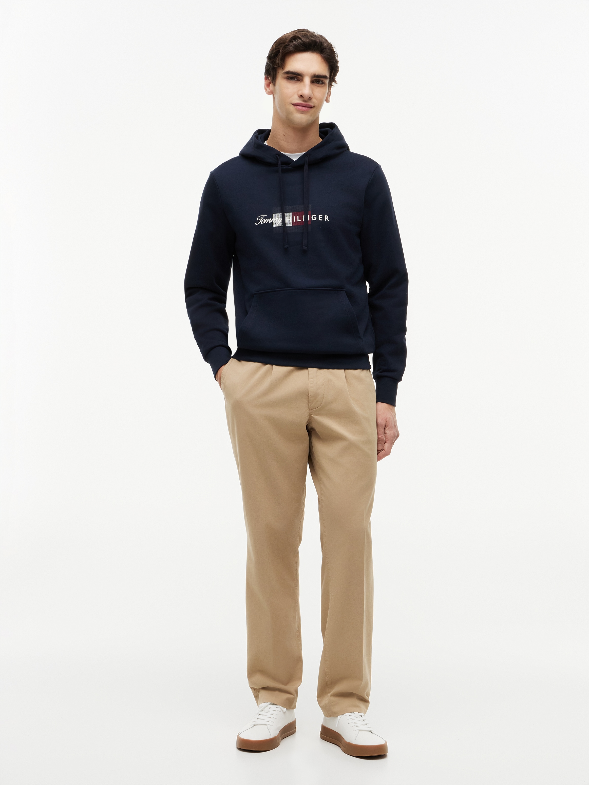 Hoodie TOMMY HILFIGER "SCRIPT FLAG HOODIE", Herren, Gr. S, blau (desert sky), Sweatware, Obermaterial: 100% Baumwolle, regular fit normal, Bündchen, Sweatshirts Hoodie, mit Flag-Grafik und Tunnelzug desert sky S