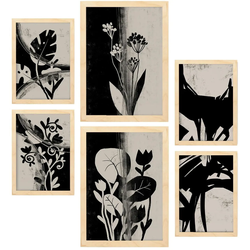 POSTER Set Mit 6 Töne Schorken In Blume Zusammenfassung A3 & A4 Rahmen Aus Hellem Holz