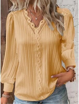 Uplifted Finds Womens Lace Stitch Pullover Chiffon V Neck Long Sleeve Blouse xl yellow