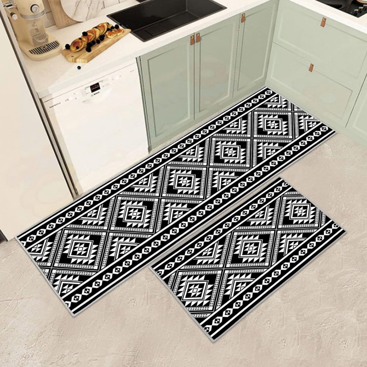 Wasbare moderne rechthoekige keukenloper in polyester - Zwart met wit