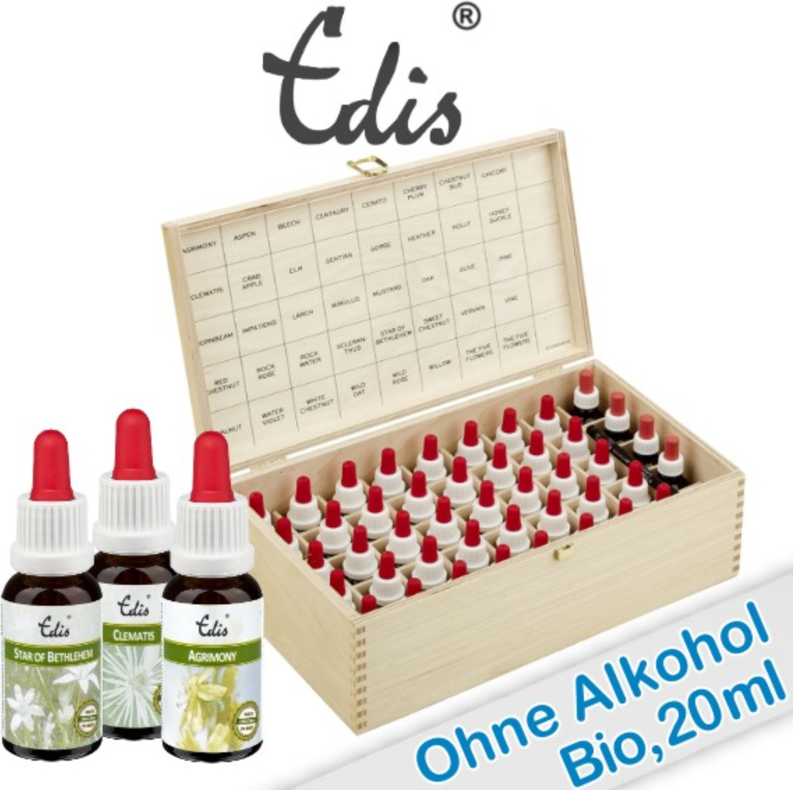Edis * 20ml alk.-frei Bachblüten Set in Holzbox Typ HB3
