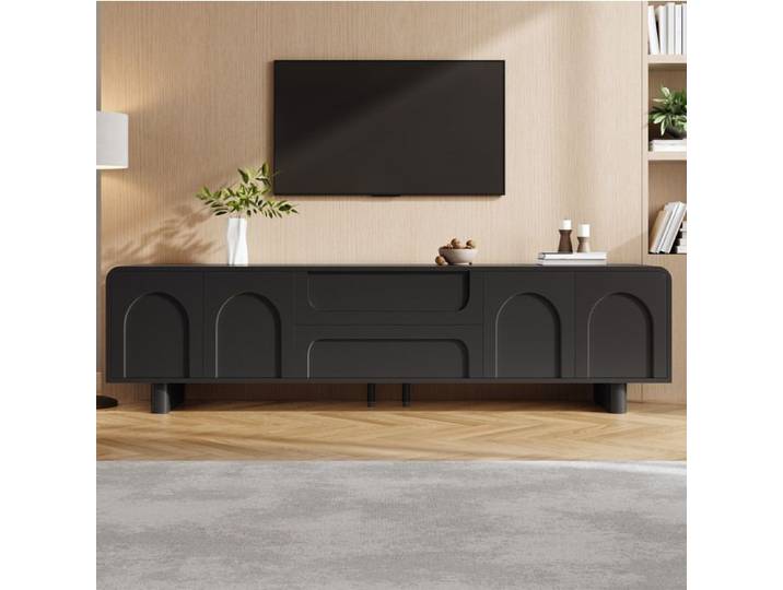 ROVRYN Meuble TV bas noir 180 cm avec 4 portes 2 tiroirs et passe-câbles