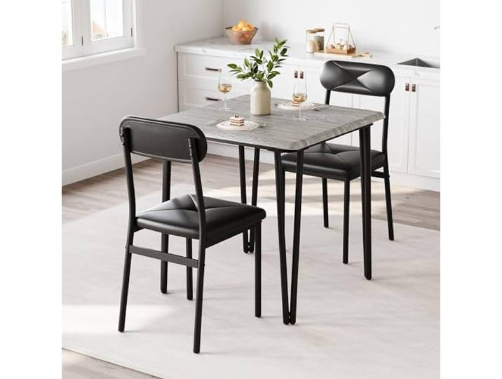 GarveeMore Esstisch Set für 2, Küchentisch mit 2 Polsterstühlen, für Küche und kleine Räume, Grau