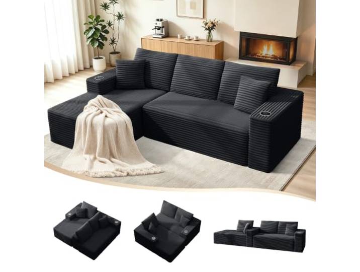 Quantaglide Ecksofa 261cm Modulares Sofa, 3-Sitzer Boneless Cloud Couch L-förmiges Schlafsofa mit Chaiselongue, Cord Schlafsofa für Wohnzimmer Schlafzimmer, Keine Montage Erforderlich, Schwarz