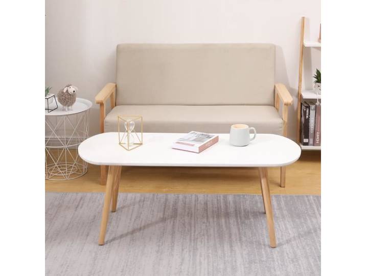 Table basse - Scandinave - Ovale - Blanc - Pieds en bois massif