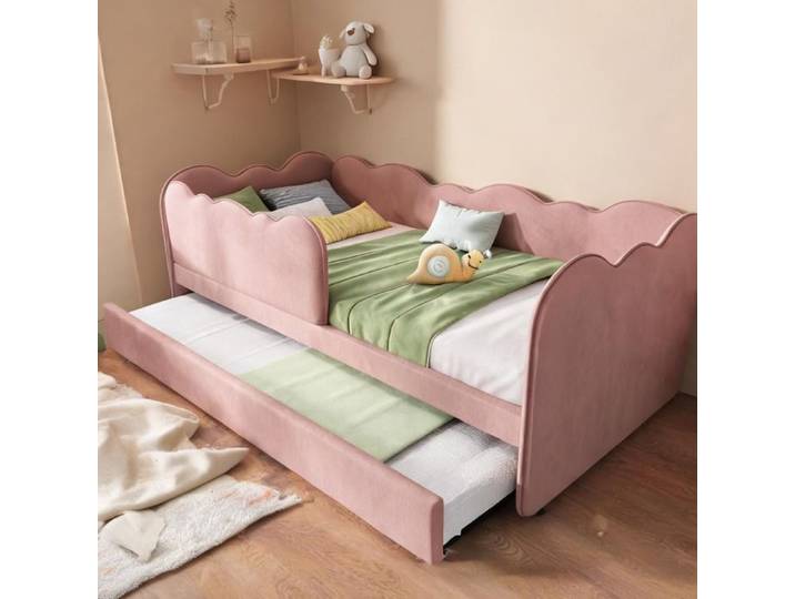Lit gigogne enfant 90x190 cm en velours soft pink design nuage réversible avec lit gigogne et dossier rembourré