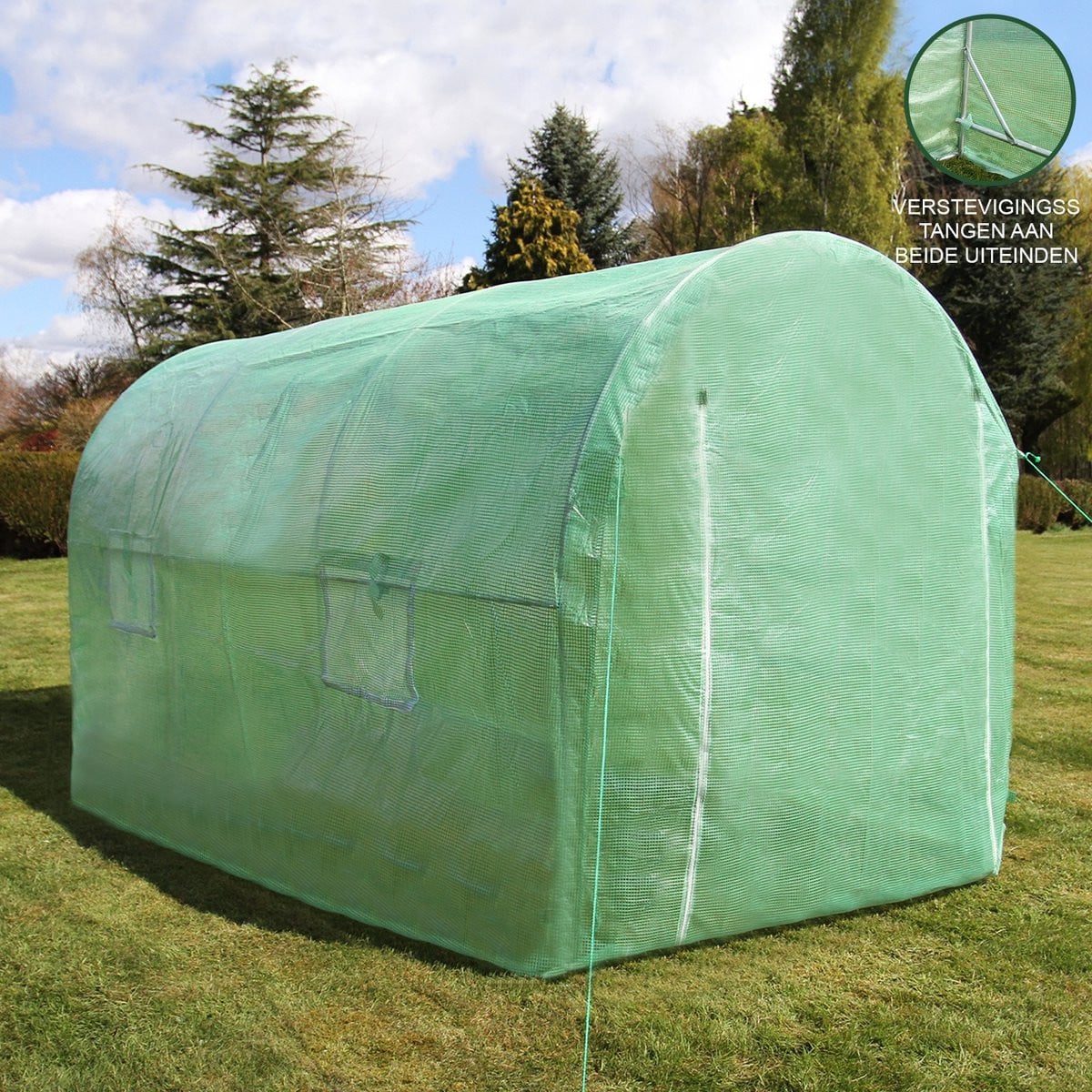 Groene Tunnelkas met 19 mm gegalvaniseerd frame en polyetheen folie - B/D/H: 3 x 2 x 2 m