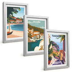 BILDER SET 3er Set - 20x30 cm Silberner Rahmen - Illustrationen von Küstenstädten