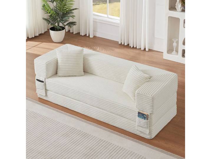 Canapé-lit - PAGE LIVING - Design 2 niveaux - Velours côtelé - 3 places - Convertible lit double